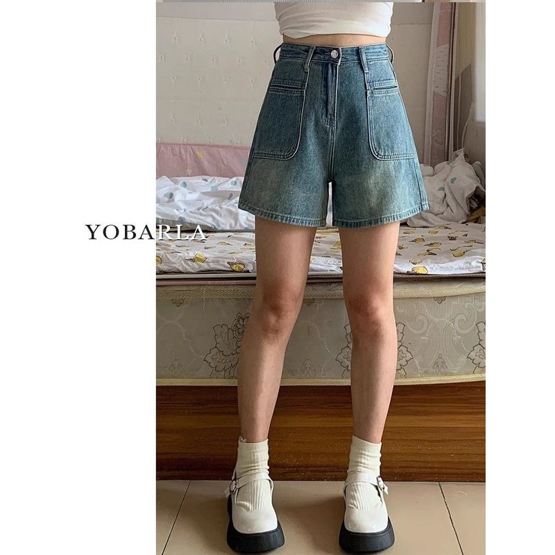 美式复古蓝高腰牛仔短裤女夏季新款百搭宽松显瘦显高阔腿a字裤子