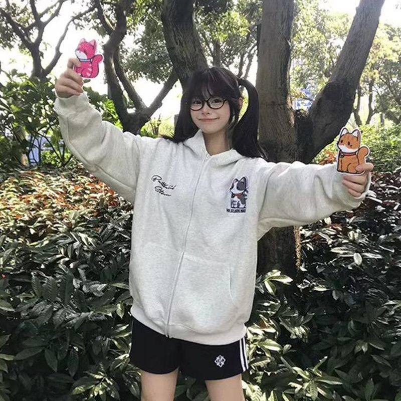 纯棉美式复古小狗刺绣魔术刺绣连帽卫衣秋冬宽松慵懒情侣上衣外套