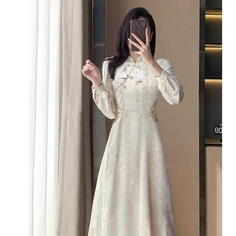 大码胖mm复古高档提花连衣裙女秋冬旗袍新中式气质显瘦长裙200斤