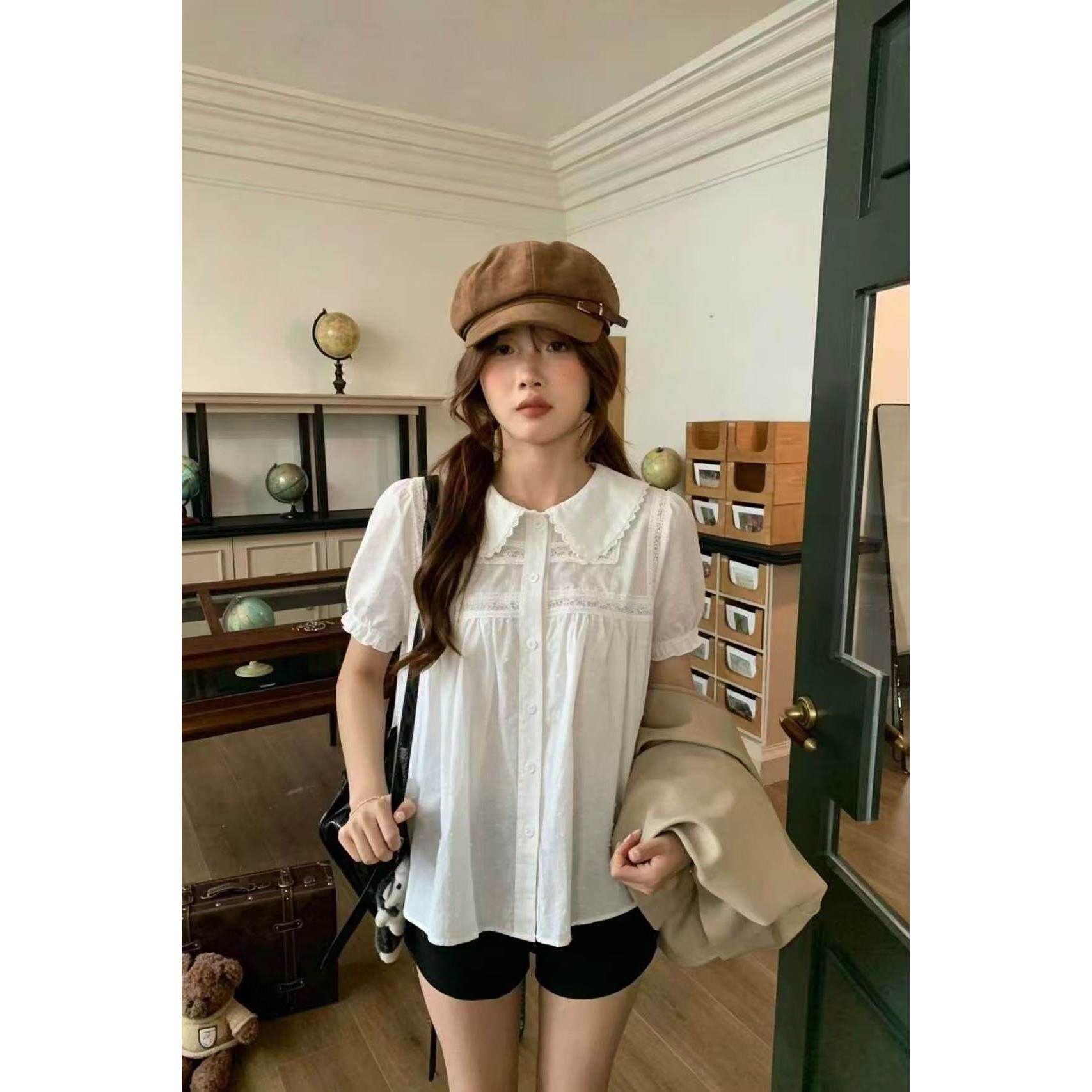 韩系娃娃领棉短袖衬衫女2026夏季甜美减龄蕾丝拼接小衫气质上衣
