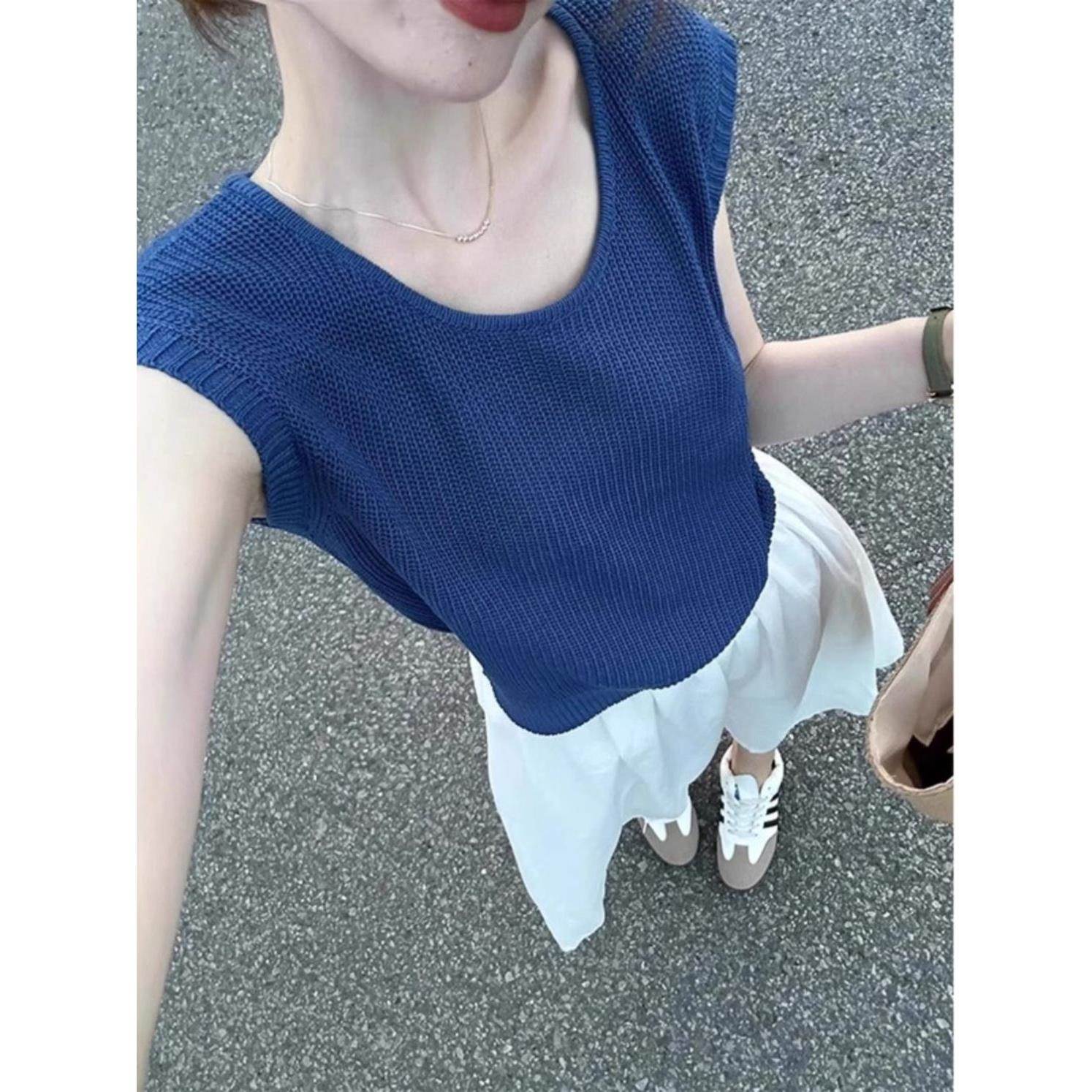 蓝色方领飞飞袖针织冰丝短款上衣洋气独特别致正肩短袖恤女夏季