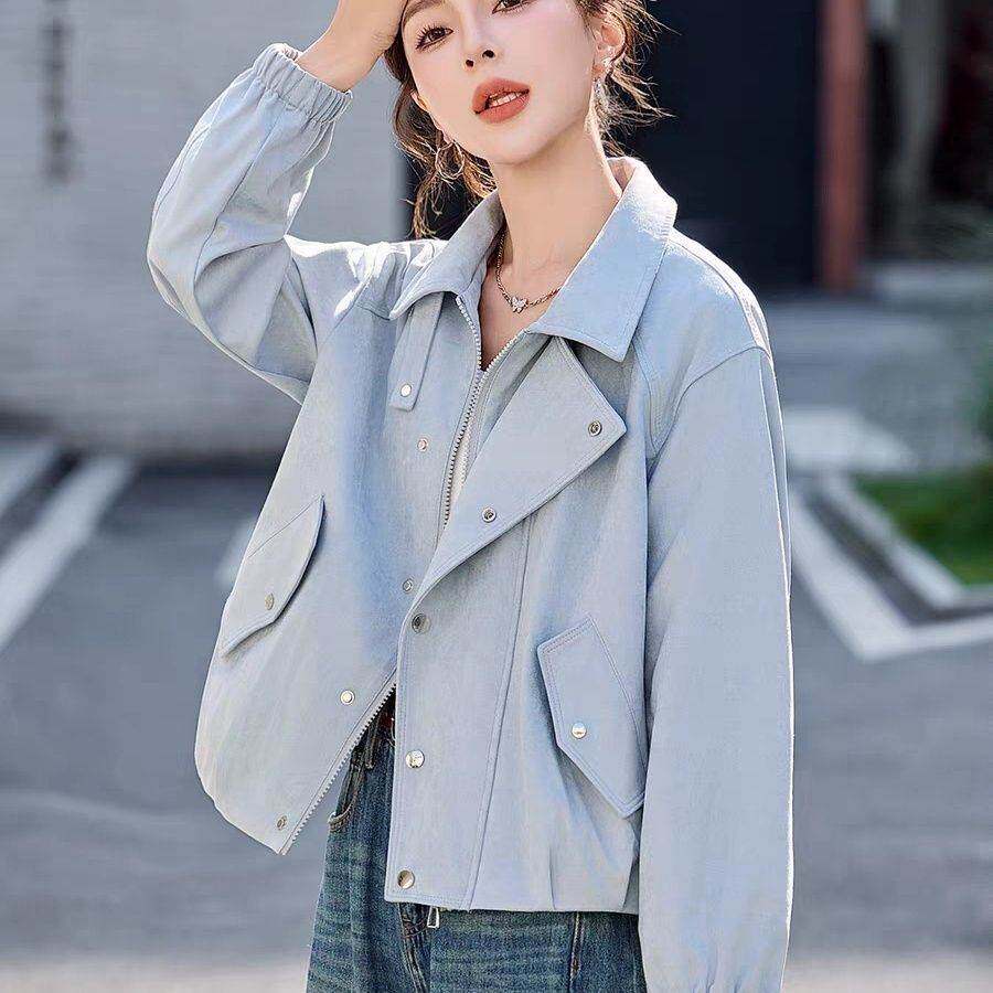 蓝色外套女春秋2026新款小个子设计感气质百搭短款夹克上衣