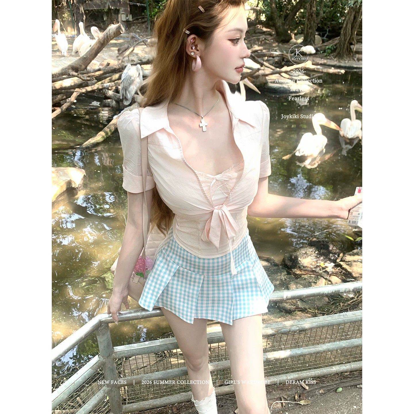 夏季甜美绑带衬衫收腰蕾丝吊带上衣女高腰显瘦格短裙辣妹套装发货