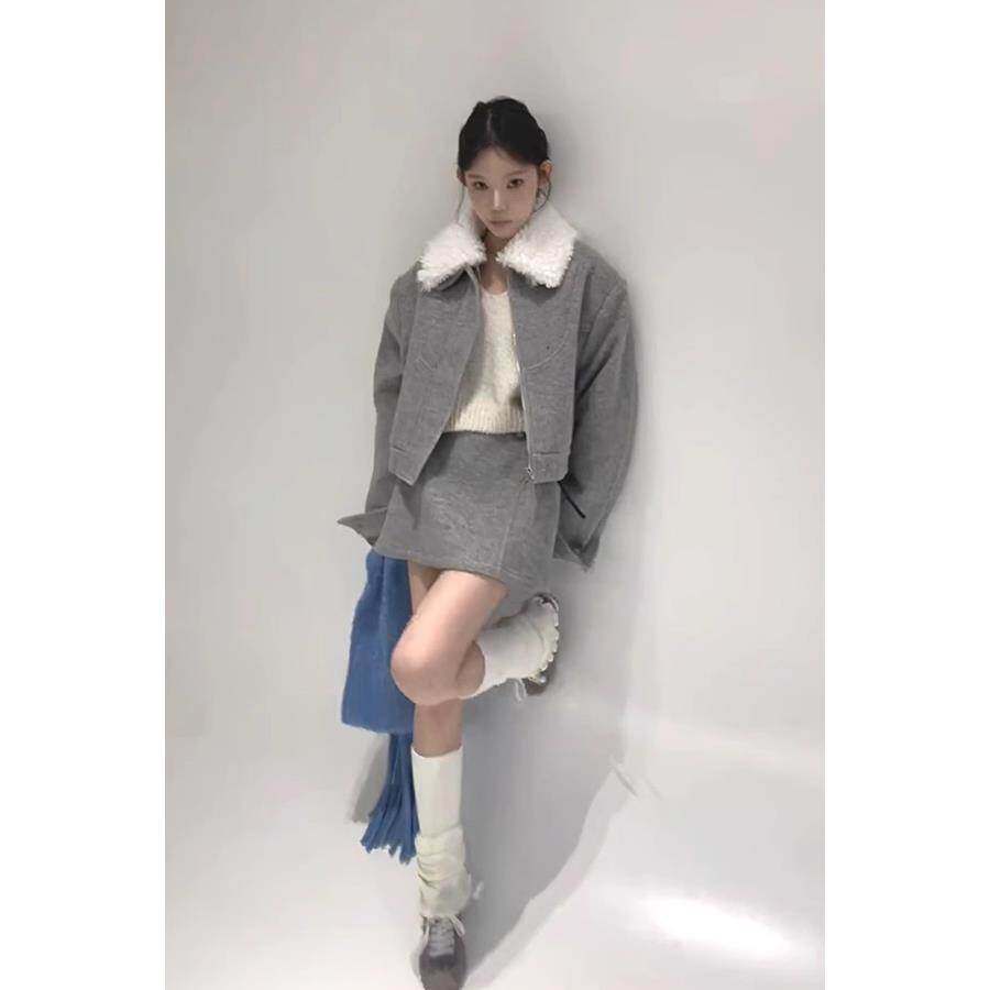 今年新款短款毛领外套短裙半身裙两件套冬季高级减龄显瘦套装女