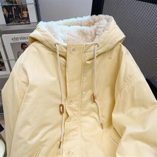 黄色羊羔毛连帽休闲外套女冬季2025新款加绒加厚百搭保暖上衣夹克