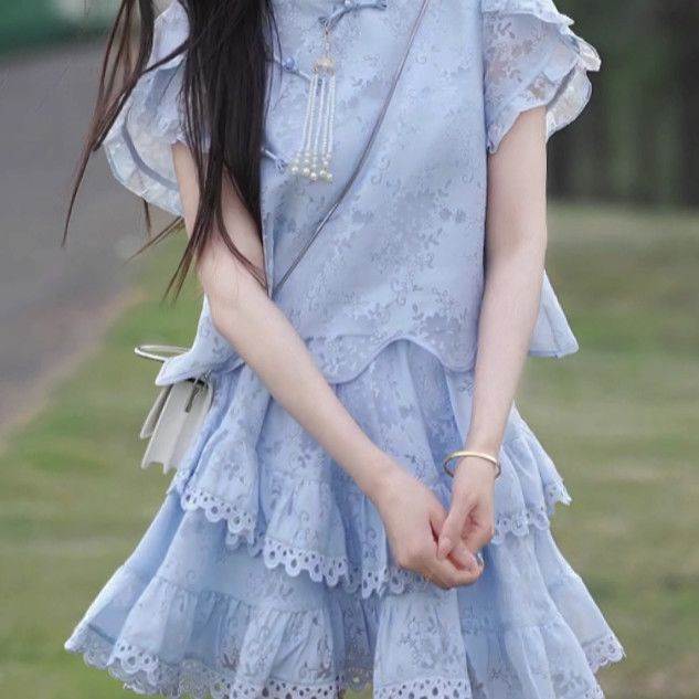 新中式时尚国风套装女中大童夏季气质上衣半身裙两件套显瘦套装潮