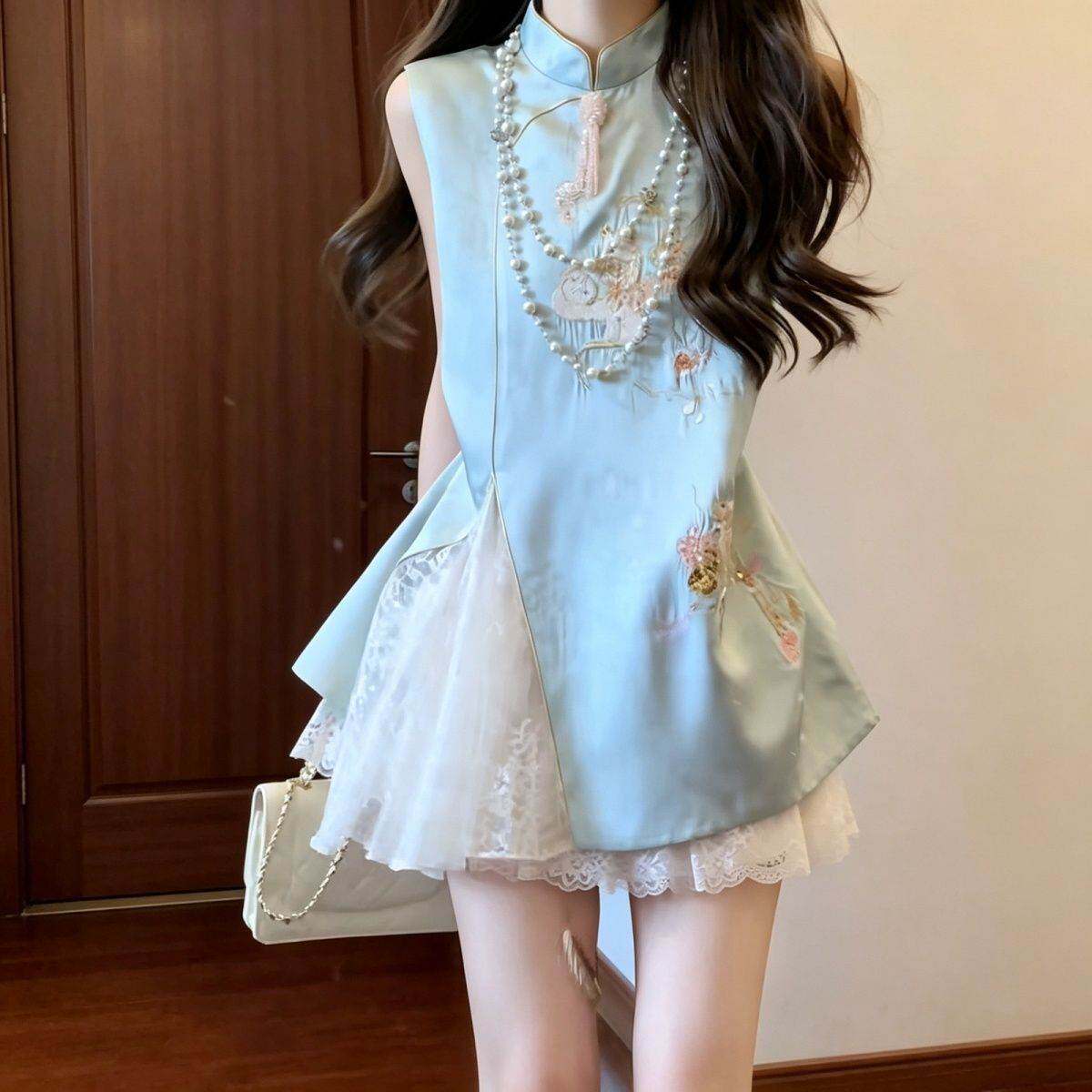 2026新款新中式国风改良旗袍连衣裙女夏季刺绣无袖收腰显瘦蓬蓬裙