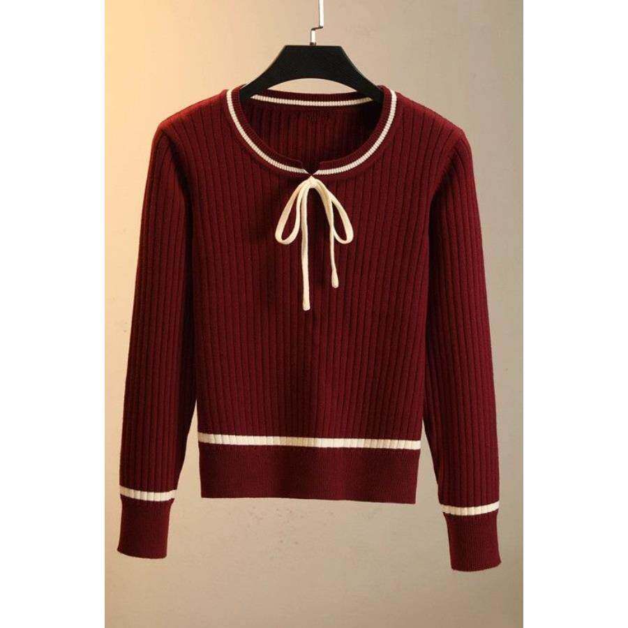 冬秋新款香风上衣绑带修身短款长袖拼色蝴蝶结针织衫薄款毛衣打底