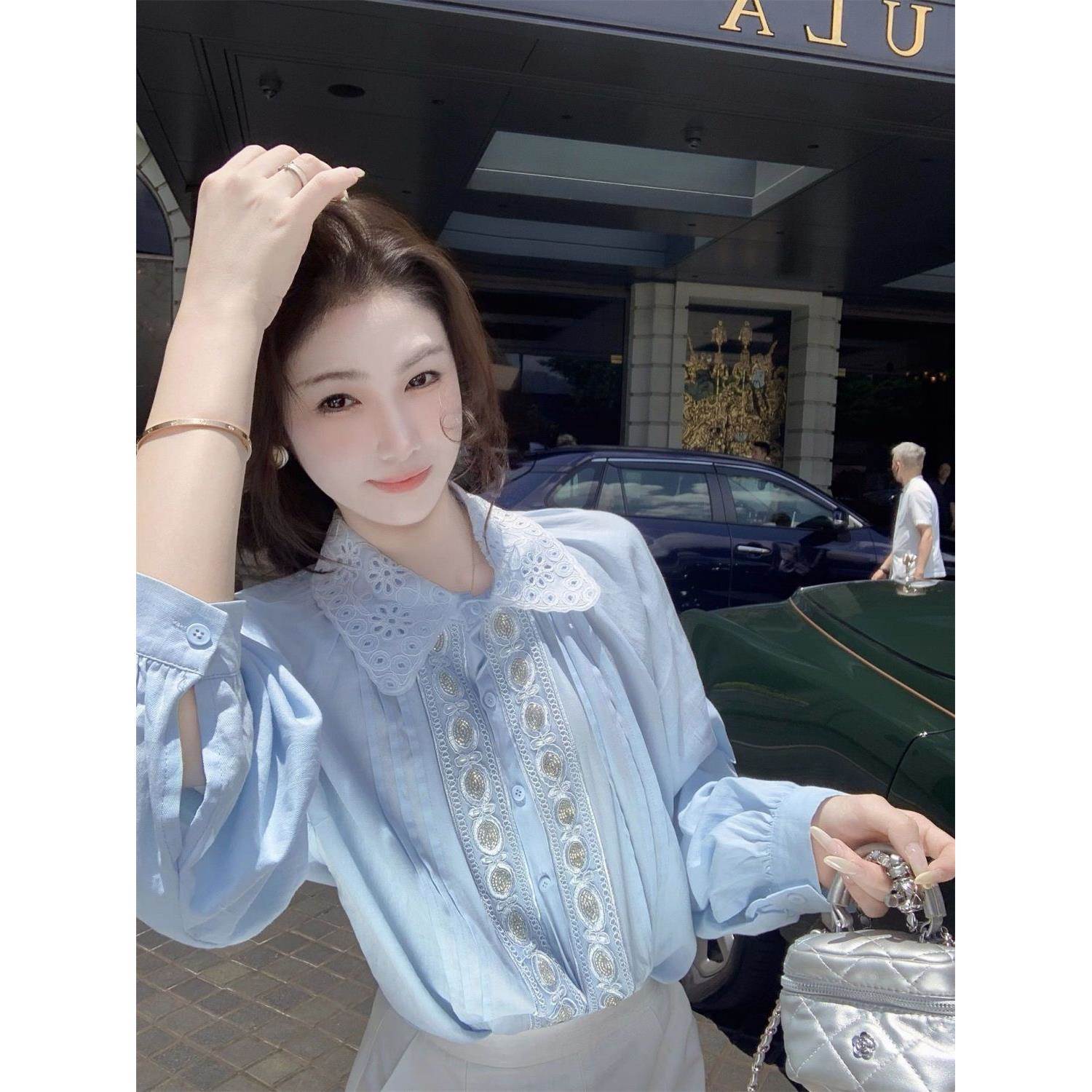 超仙重工刺绣翻领衬衫女长袖时尚洋气气质甜美减龄温柔风百搭上衣