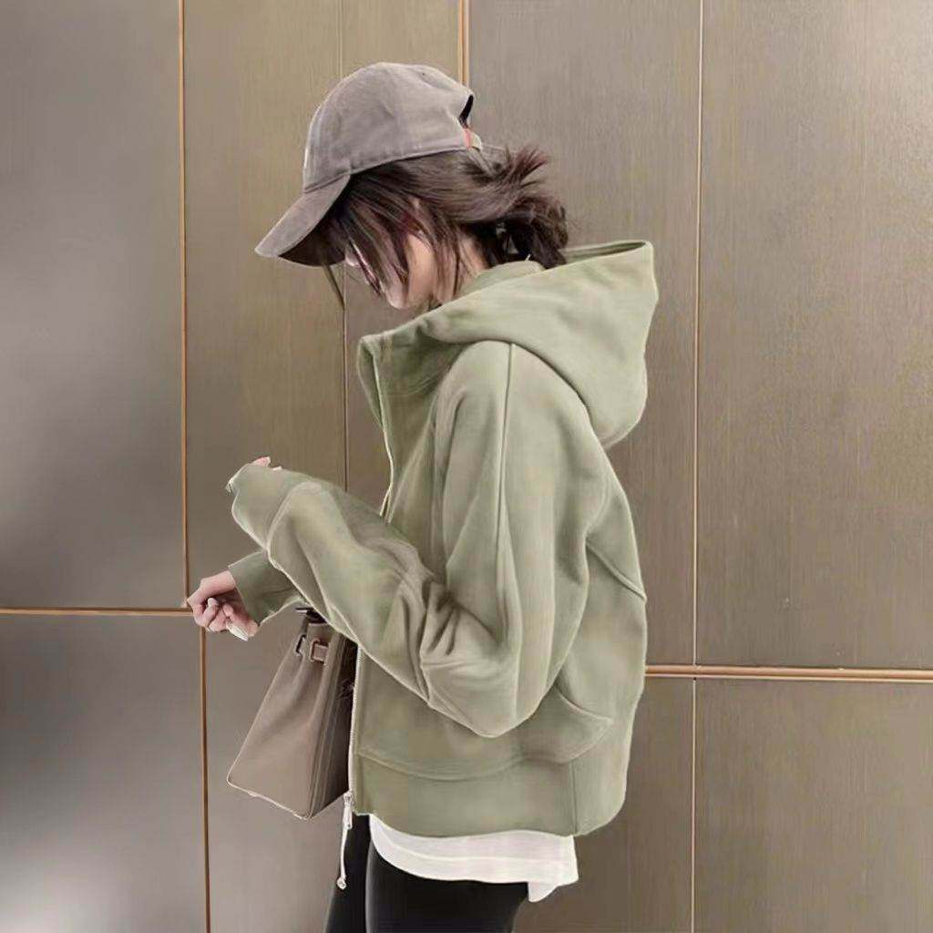 短款连帽卫衣外套女春秋新款宽松薄款慵懒风开衫百搭上衣