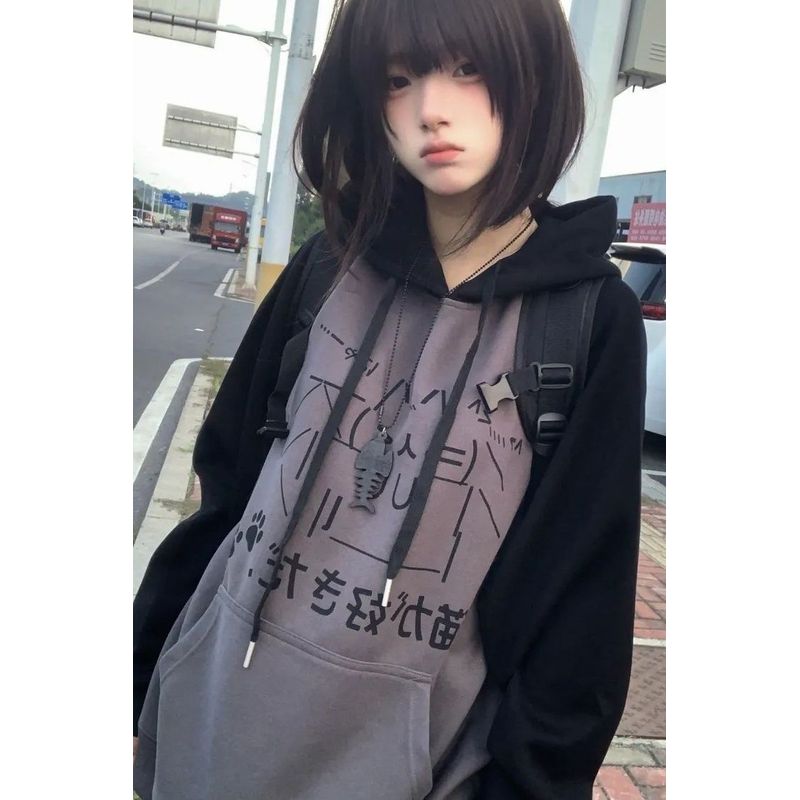 撞色套头插肩长袖卫衣女2025秋冬日系亚文化连帽可爱外套