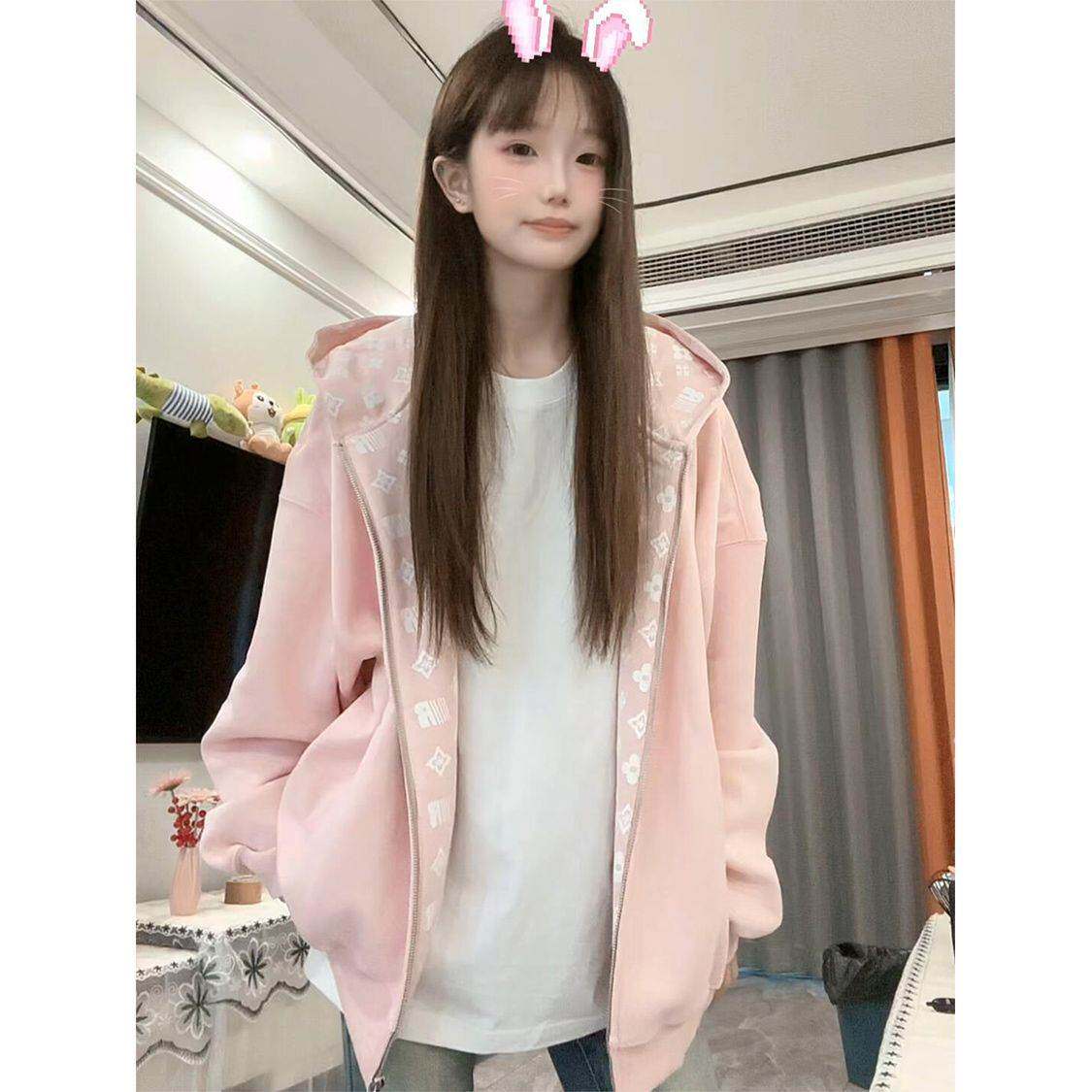 高街设计感百搭连帽卫衣女秋春季宽松加绒加厚拉链开衫外套学院风