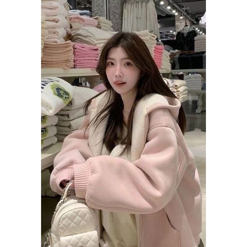 皮毛一体羊羔毛冬季宽松外套女新款淡蓝色鹿皮绒棉衣加厚夹克棉服