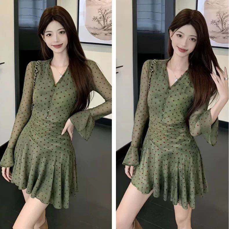 大码法式纯欲波点领网纱连衣裙子女春秋胖收腰显瘦气质字短裙