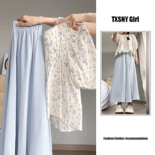 套装女夏季甜美小清新薄款茶系碎花泡泡袖上衣高腰半身裙子两件套