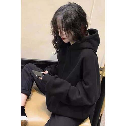 黑色连帽卫衣女2026春夏新款爆款时尚宽松加绒加厚纯色情侣装上衣
