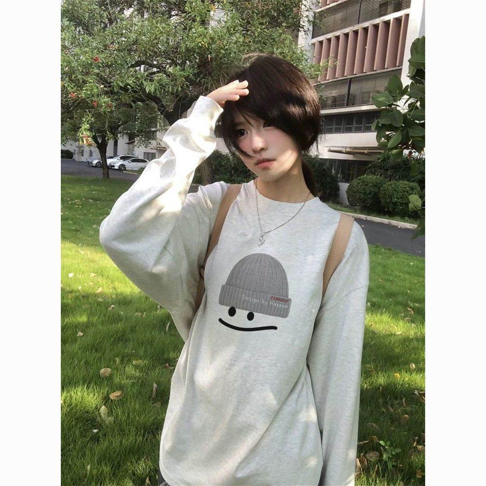 美式创意表情帽子印花长袖恤宽松春秋重磅新款棉打底情侣上衣