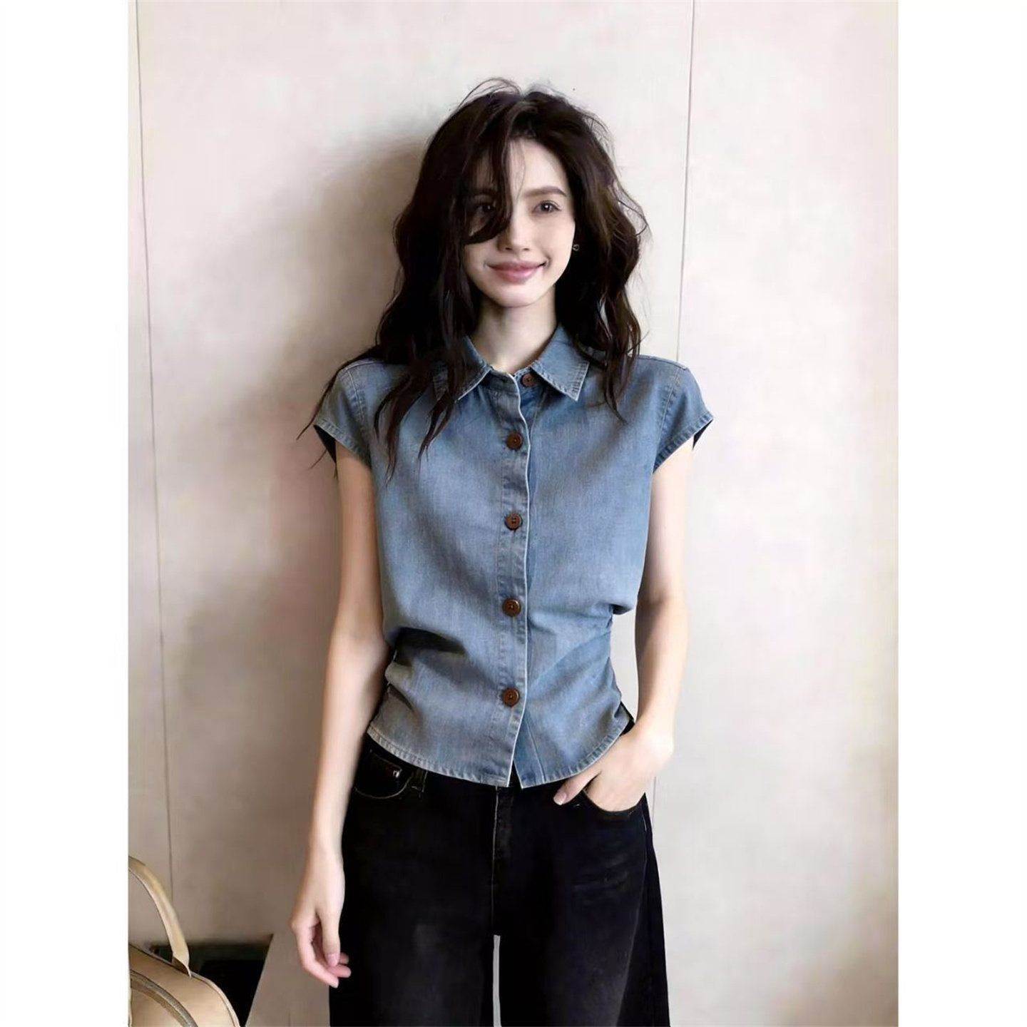 韩系法式设计感牛仔短袖衬衫女通勤小众气质上衣秋季新款简约百搭