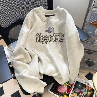 欧美潮牌复古圆领卫衣男女春秋薄款设计感小众高街长袖上衣