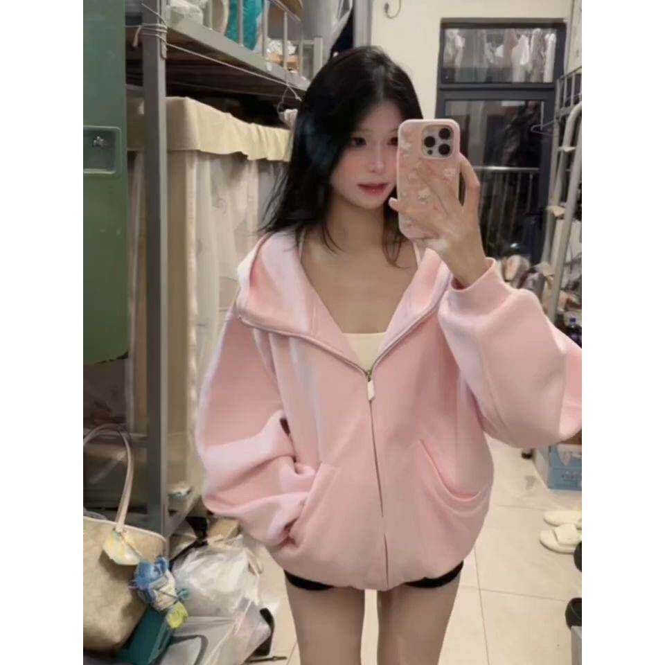 甜美韩系粉色连帽开衫卫衣女春夏加绒加厚百搭温柔风拉链外套