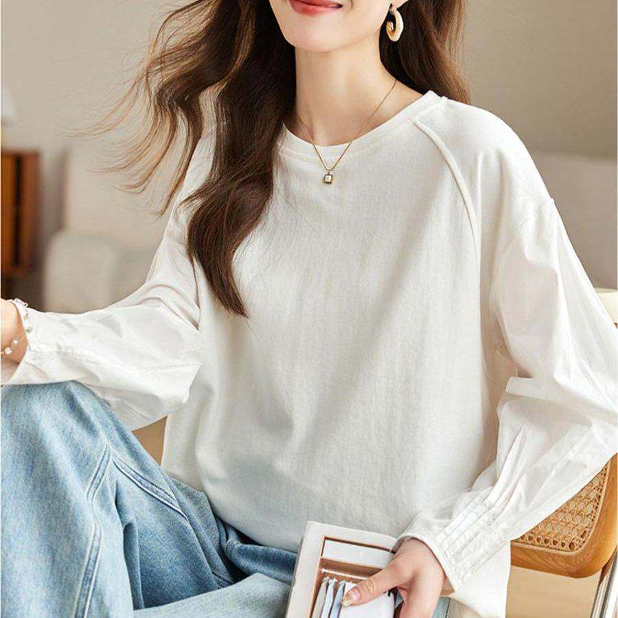 白色女休闲2026春秋新款拼接宽松圆领长袖套头打底衫恤褶皱