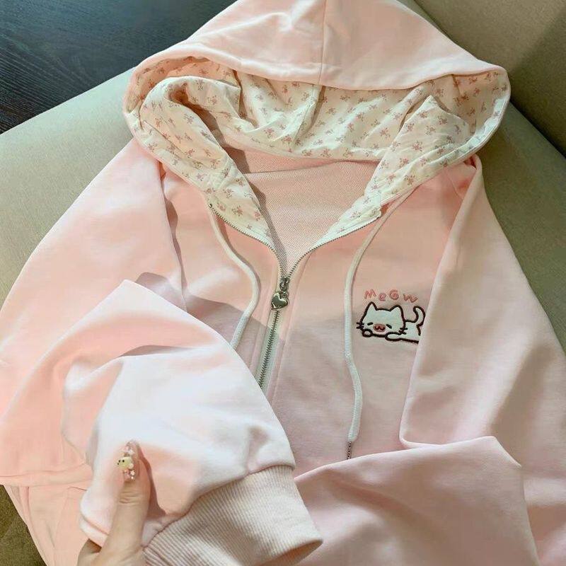薄款小碎花日系猫咪刺绣连帽开衫卫衣女春秋韩版宽松拉链可爱外套