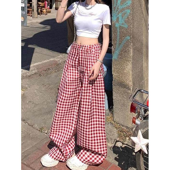 红色格子休闲裤女2026春新款复古高腰直筒显瘦百搭遛弯阔腿拖地裤