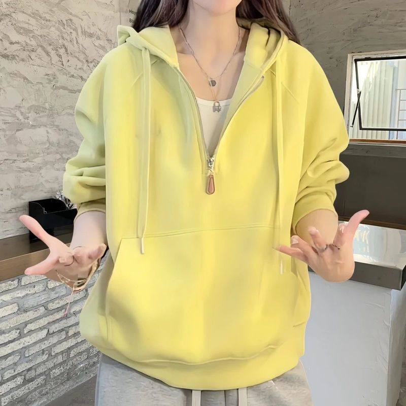 黄色半拉链长袖卫衣女爆款2025秋季新款女装宽松连帽外套薄款上衣