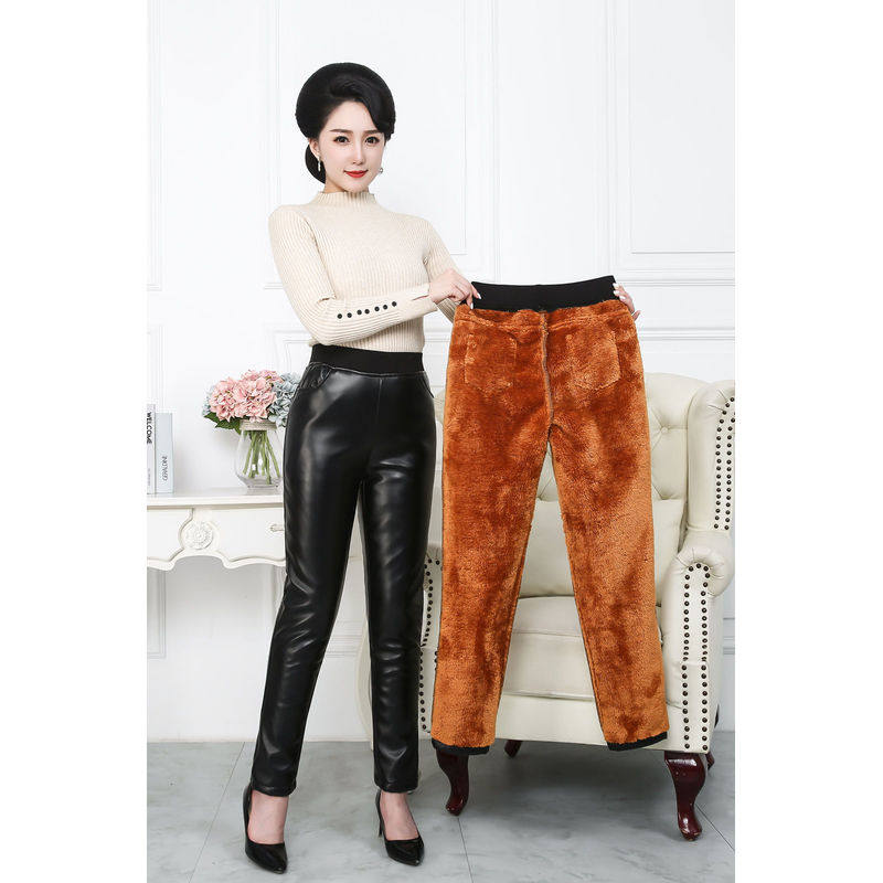 妈妈弹力女皮裤秋冬中老年宽松大码加肥加绒加厚棉裤防寒保暖高腰