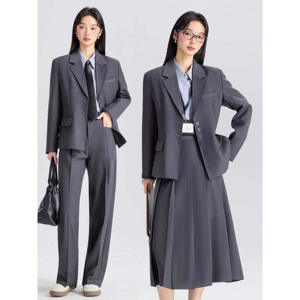 灰色正装西装套装女高级感2026新款大学生面试穿搭小个子西服外套