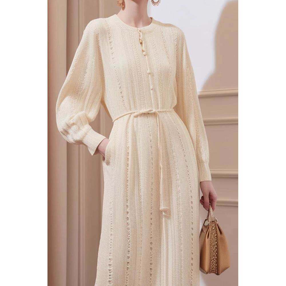 韩系氛围感穿搭气质法式白色系带针织连衣裙子春季女装2026年新款