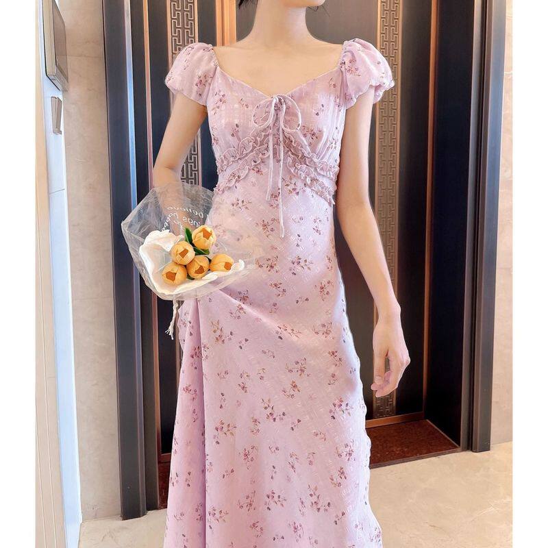 温柔风碎花紫色连衣裙女夏季新款法式V领气质收腰显瘦斜裁A字长裙