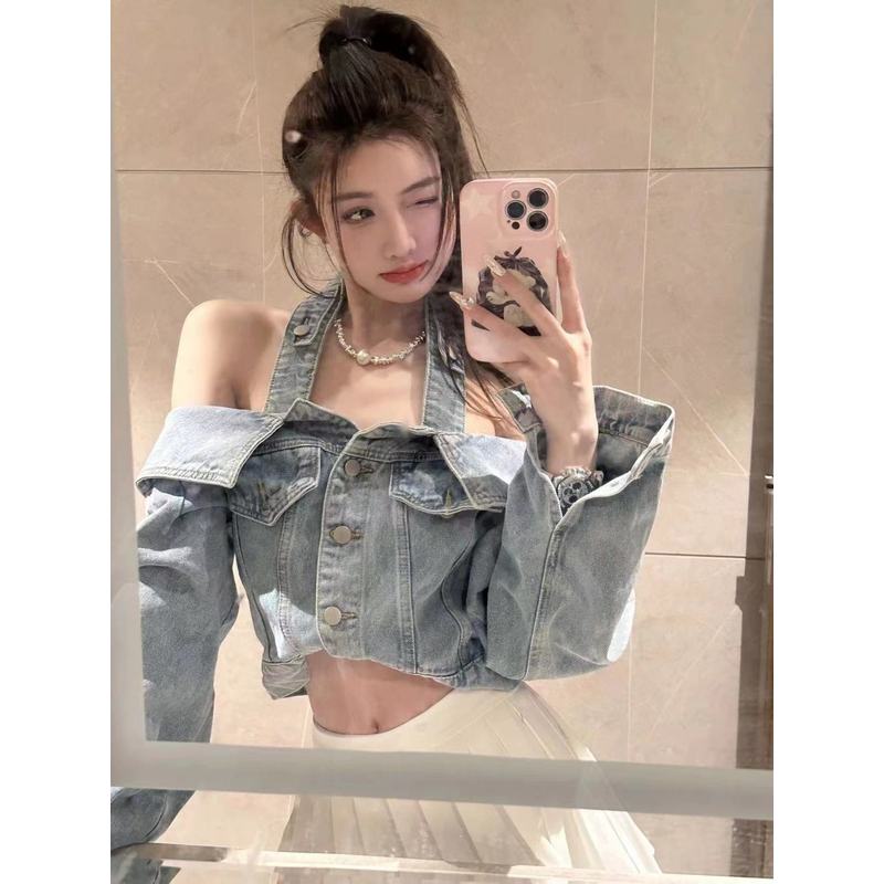 ins网红同款挂脖一字肩牛仔短外套女2025炸街甜辣妹设计感上衣潮