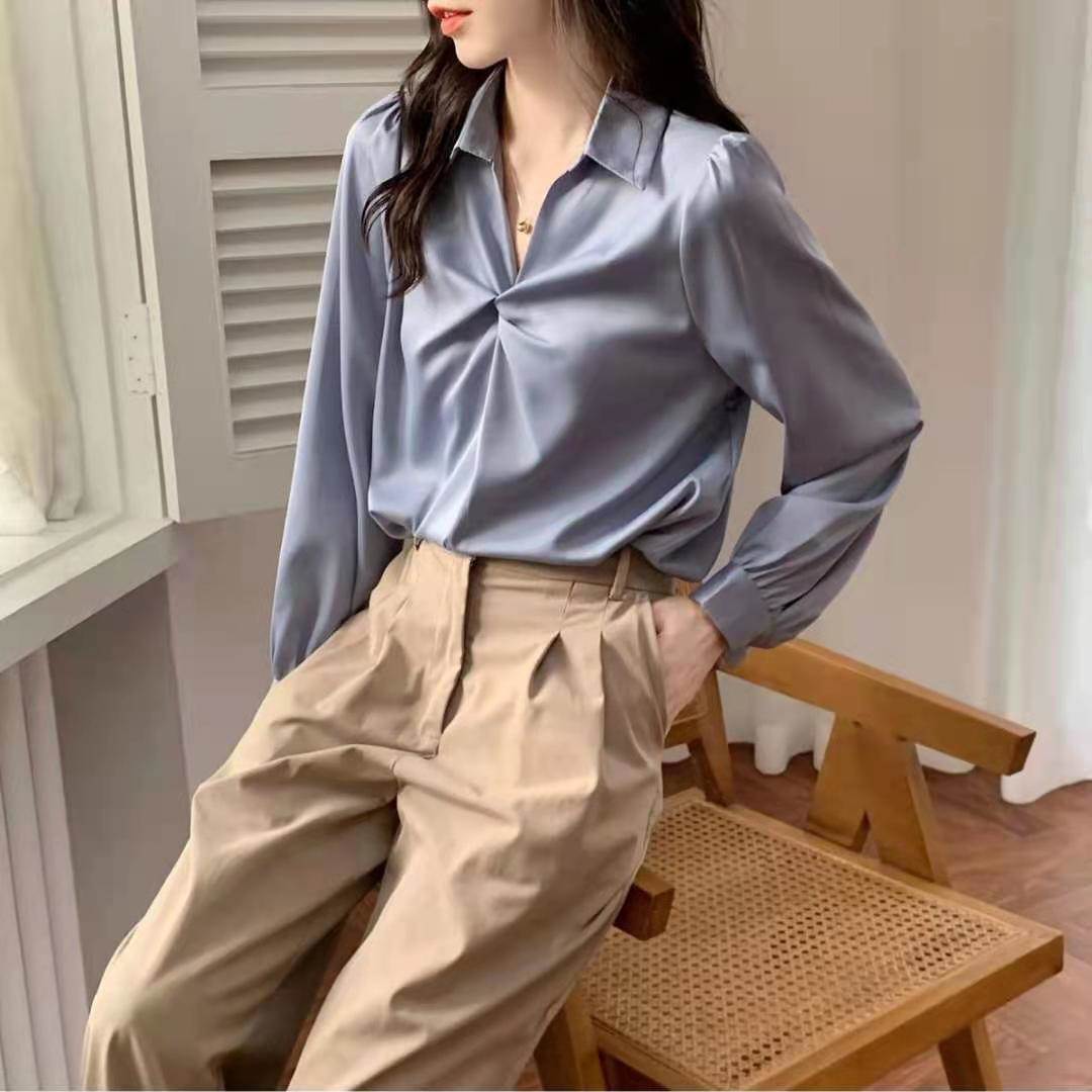 2026春季白色缎面扭结衬衫女甜美温柔百搭职业复古港风设计通勤