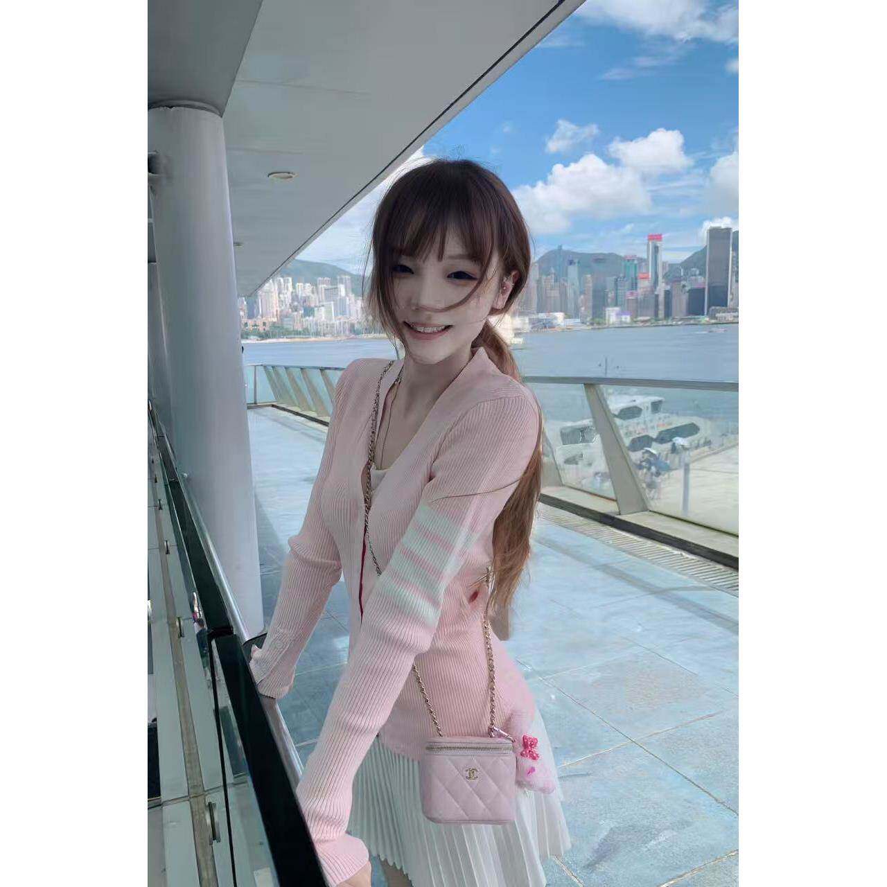 春秋新款粉色开衫毛衣修身上衣女学院风千金小众针织休闲外套女