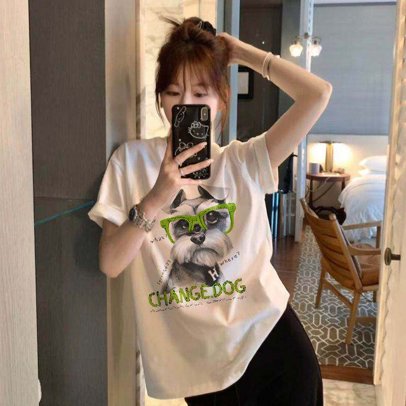 休闲新款圆领小个子女百搭时尚卡通印花白色潮牌半袖宽松体恤上衣