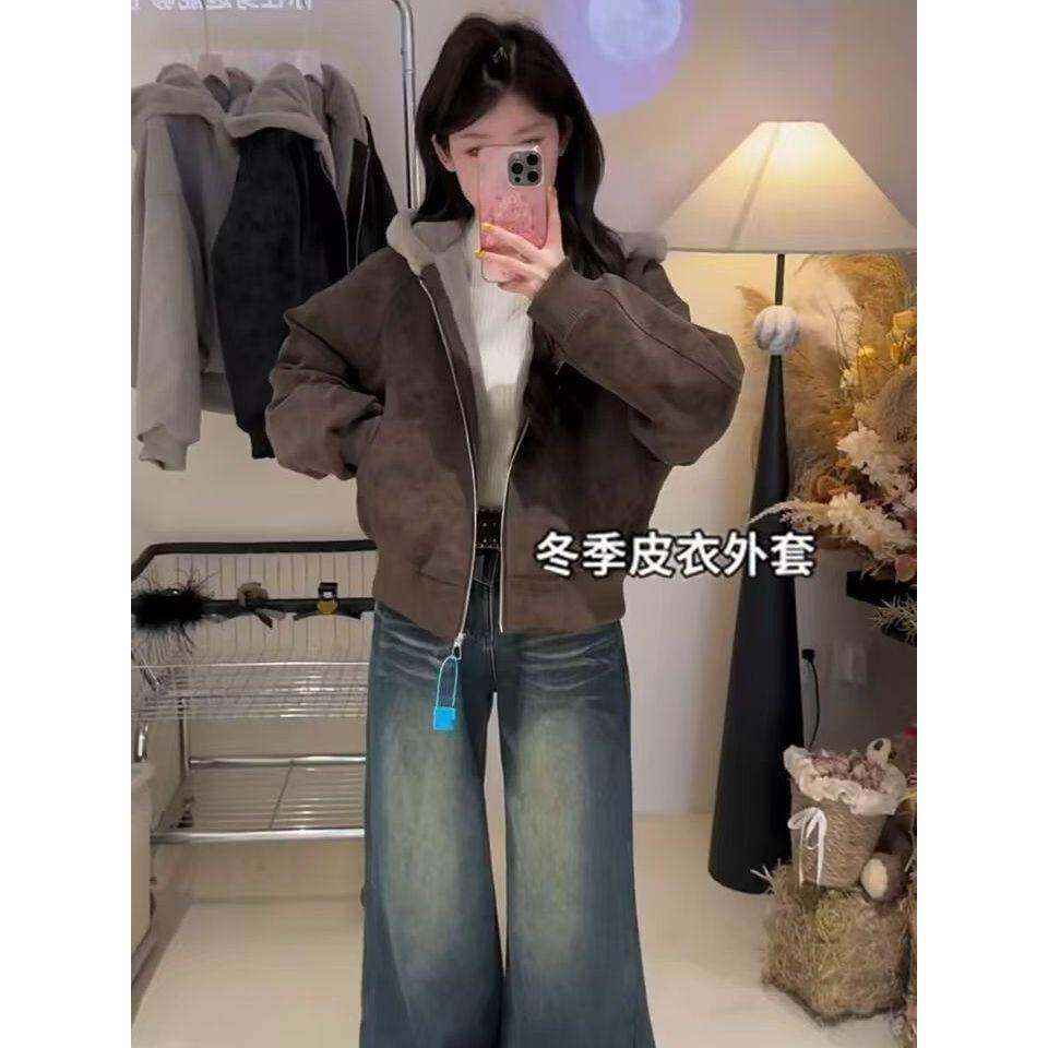 美式雾面扎染短款连帽加绒皮衣棉衣女秋冬季加绒加厚外套潮流棉服