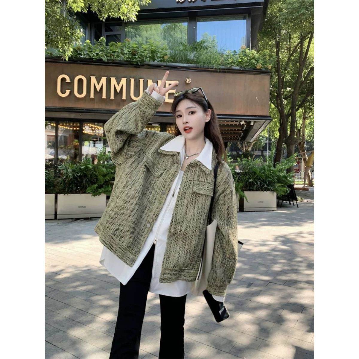 大码女装韩版胖宽松显瘦假两件拼接外套秋季设计感小香风上衣潮