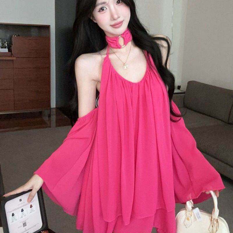 时尚辣妹性感露肩吊带连衣裙女春季洋气百搭玫红色字裙短裙潮
