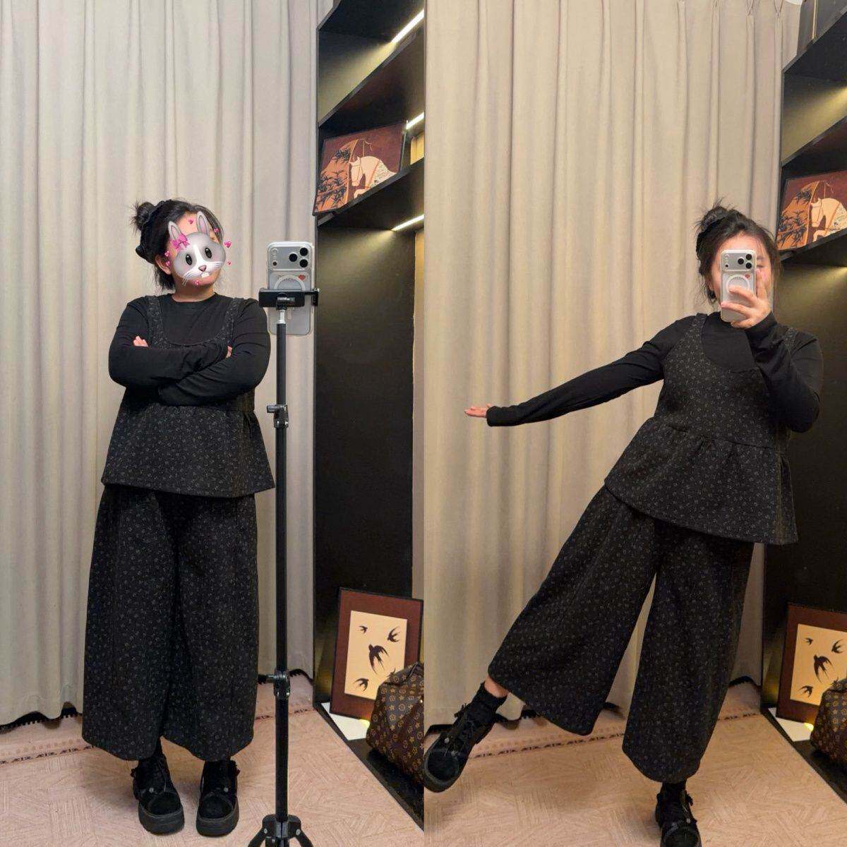韩版秋冬遮肉复古灰色毛呢马甲半身裙套装女春秋韩系穿搭高级感