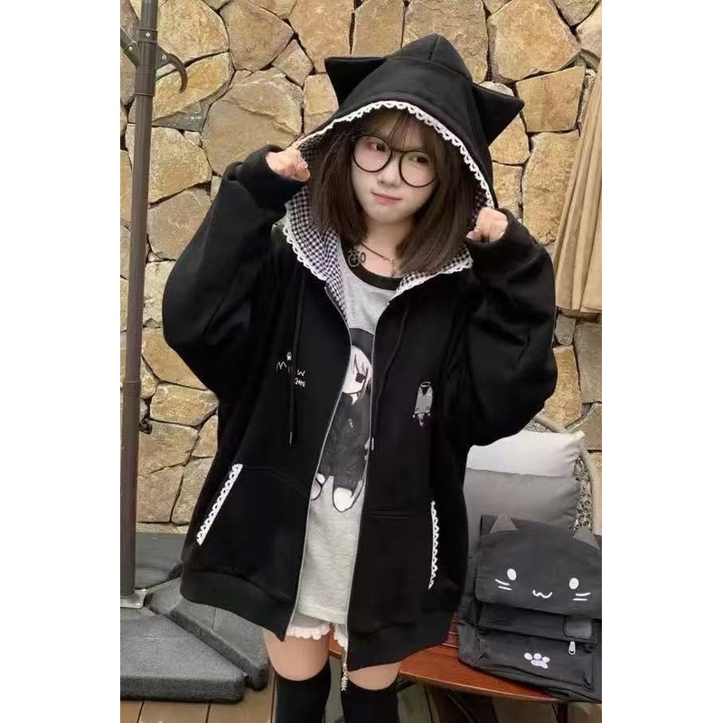 现货黑色耳朵长袖拉链连帽外套女日系秋冬亚文化可爱开衫帽衫卫衣