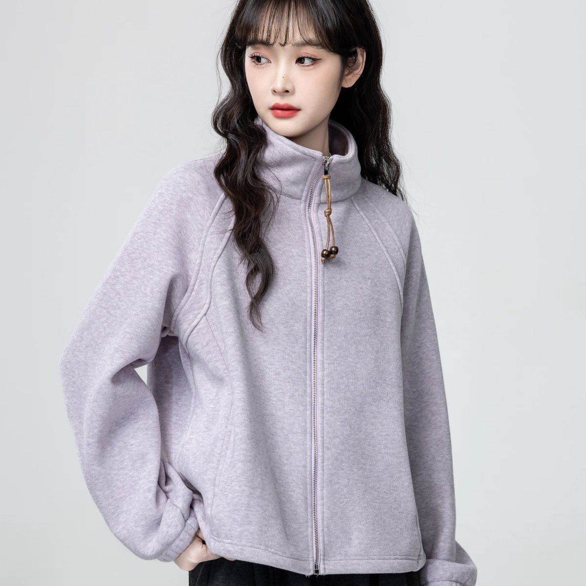 淡紫色高领卫衣外套女春季2026新款宽松大码立领拉链开衫休闲上衣