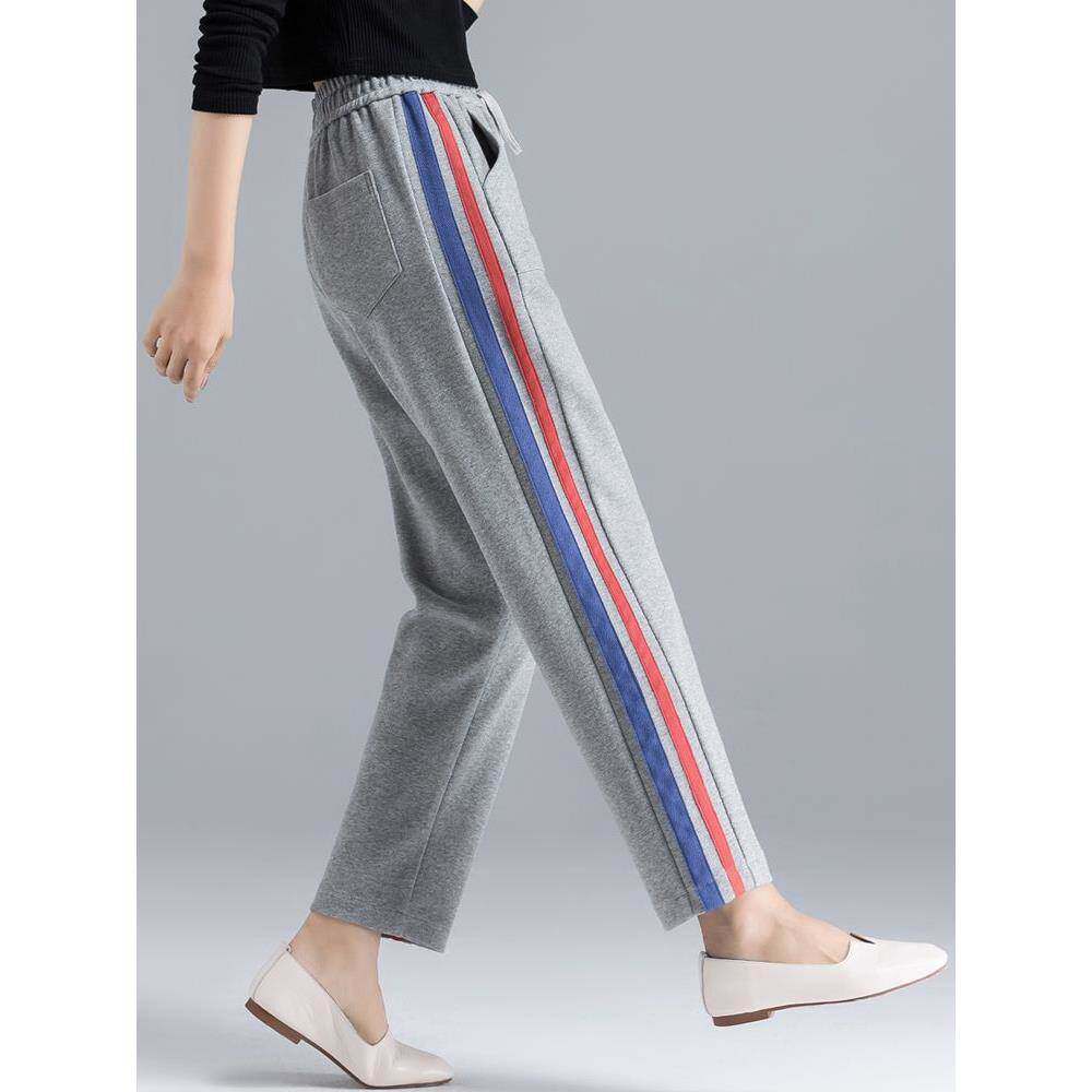 运动裤女春季2026新款哈伦裤松紧高腰九分卫裤宽松百搭条纹休闲裤