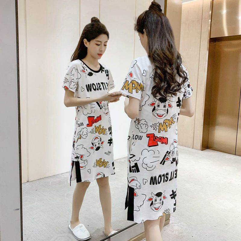 睡裙女夏季长款过膝棉质短袖女士中长款连衣裙卡通大码睡衣家居服