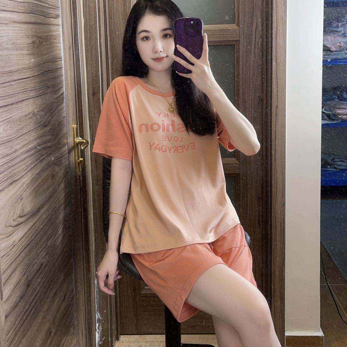 新款夏天棉睡衣女宽松奶油橘字母短裤短袖两件套运动套装可外穿