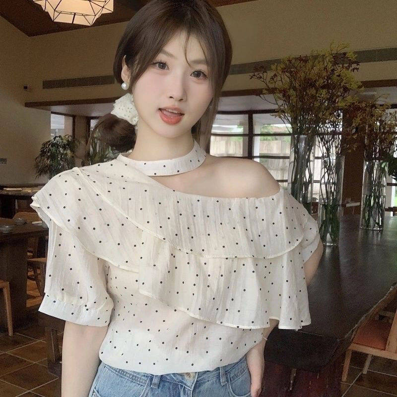 夏季新款宽松甜美气质上衣简约波点露肩荷叶边挂脖衬衫女雪纺衫潮