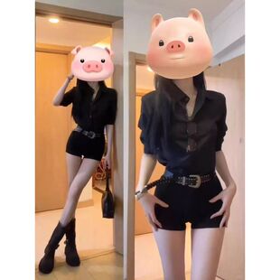 套装女2025夏季辣妹穿搭御姐衬衫甜辣酷飒拽姐显瘦短裤黑色两件套