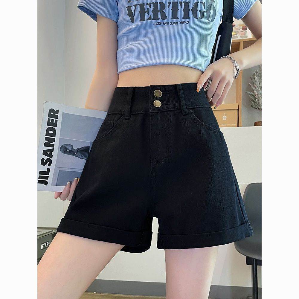 遮胯黑色字版牛仔短裤女款夏季薄款高腰宽松显瘦梨形身材阔腿裤