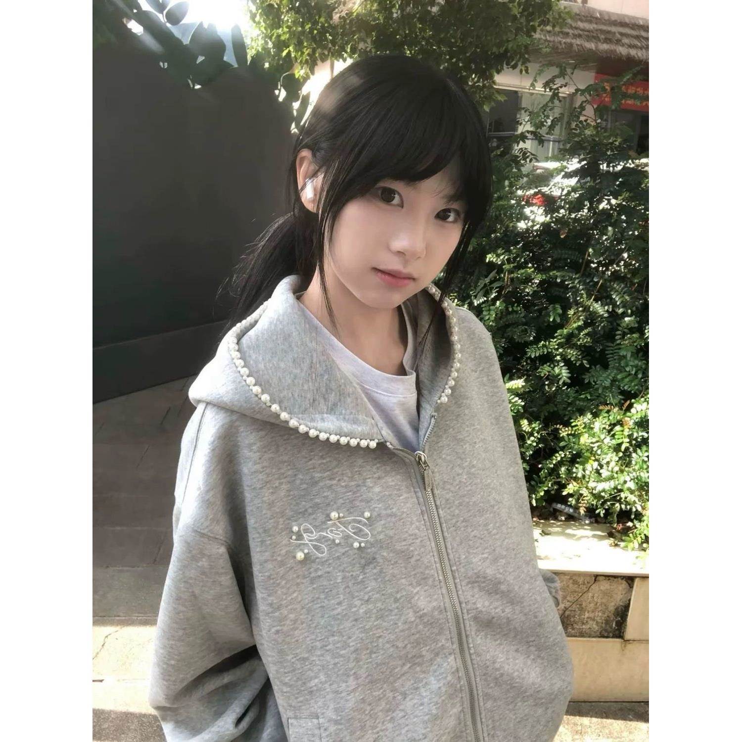 美式复古珍珠钉珠刺绣开衫连帽卫衣女春夏潮牌小众情侣外套