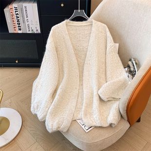 韩系慵懒风中长款针织开衫女春秋季新款宽松松驰感灯笼袖毛衣外套